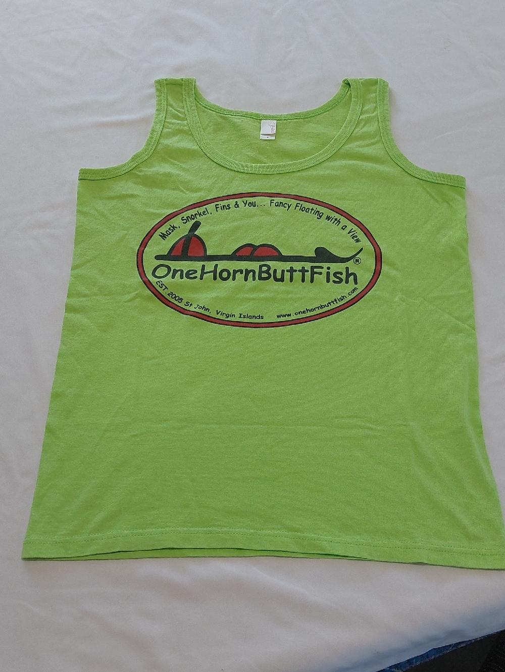 OneHornButtFish Neon Green Logo Tank Top.Size Small ST.John,Virgin Islands
